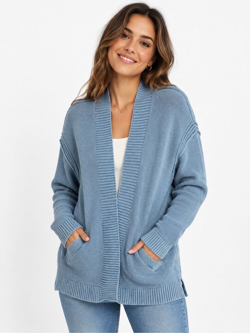 Fat Face Blue Textured Knit Open Front Cardigan Sweater Pockets Size 2